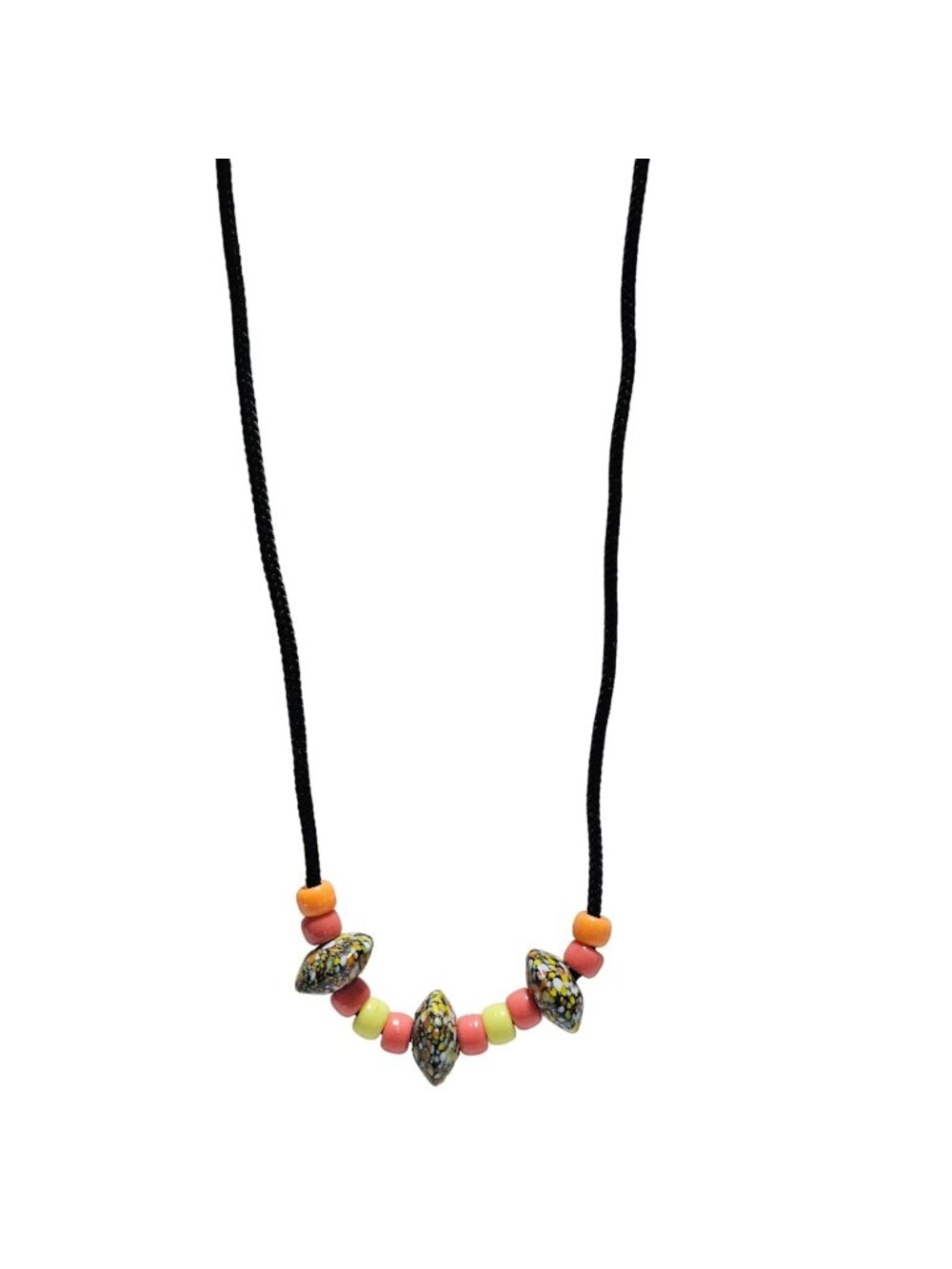 Handmade Beaded Necklace Yellow Orange Beads Black Cord Retro Jewelry Fashion